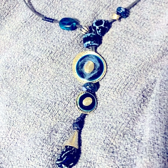 Midnight blue - Boho ceramic bead and leather necklace. - Picture 3 of 5